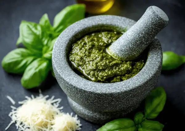 Mortier en pierre rempli de pesto maison, avec du basilic frais et du parmesan râpé à proximité.