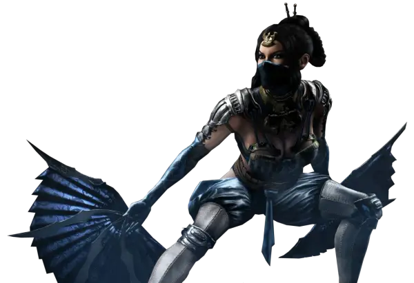 Kitana Mortal Kombat w niebieskim stroju, z maską na twarzy i wachlarzami w dłoniach, gotowa do walki.
