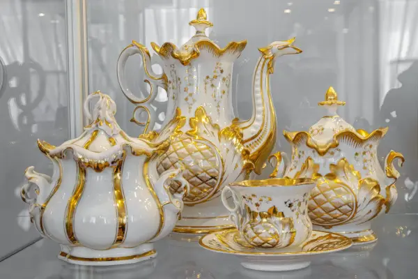 Elegancka zastawa kawowa z Muzeum Porcelany Wałbrzych, zdobiona złotem i motywami roślinnymi, zachwyca kunsztem wykonania.