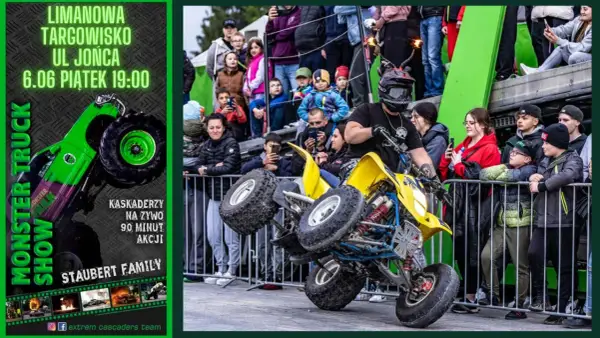 Kaskader na quadzie wykonuje ekstremalny pokaz, niczym the ultimate stuntman, dla zgromadzonej publiczności.