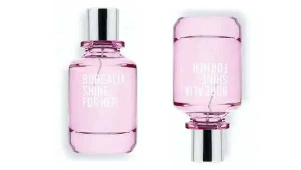 Dos frascos de perfume rosa "Borealia Shine For Her" de Mercadona, con tapas plateadas.