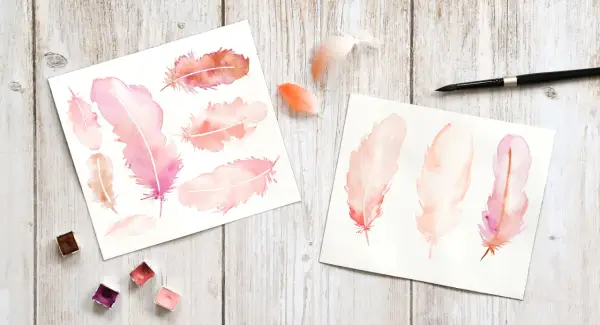 Aquarelles de plumes roses et orangées sur papier, avec des godets de peinture acrylique et un pinceau.