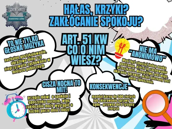 Grafika informuje o zakłócaniu spokoju, hałasie i krzykach. Podkreśla, że cisza nocna to mit, a zakłócenie może wystąpić o każdej porze dnia i nocy.