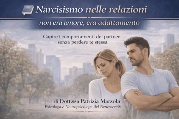 Coppia con espressioni tese, suggerisce una **relazione con un narcisista**. Titolo: "Narcisismo nelle relazioni: non era amore, era adattamento".