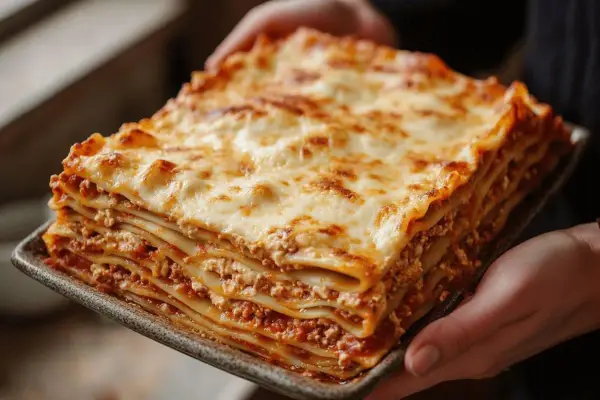 Une généreuse part de lasagne italienne, empilée de pâtes, sauce à la viande et fromage fondant. Parfait pour une recette lasagne italienne maison.
