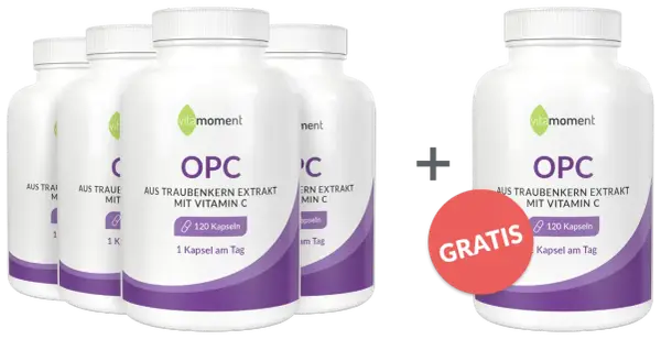 Flaschen mit OPC Traubenkernextrakt und Vitamin C. Ein Gratis-Angebot hebt die OPC Vorteile hervor.