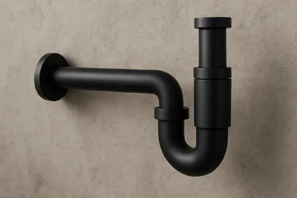 Elegancki, czarny syfon do umywalki, wykonany z matowego metalu, stanowi minimalistyczny element wyposażenia łazienki.