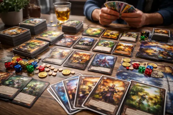 Stół pełen kart do gry fantasy, kostek i monet. Gracze przygotowują się do epickiej rozgrywki.