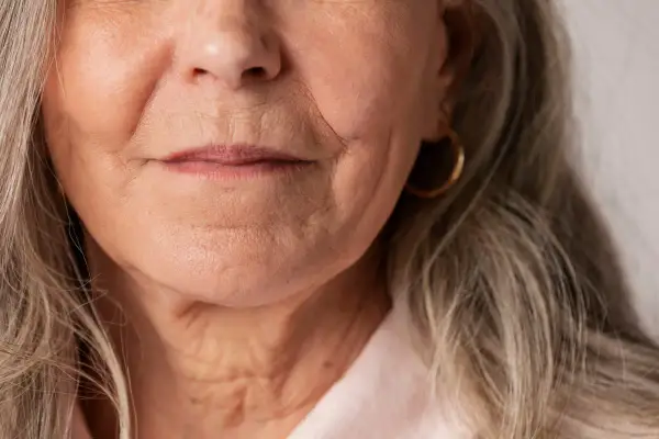 Gros plan sur le visage d'une femme âgée, montrant les rides autour de la bouche et du cou. Des conseils sur comment faire disparaître les rides profondes pourraient être utiles.