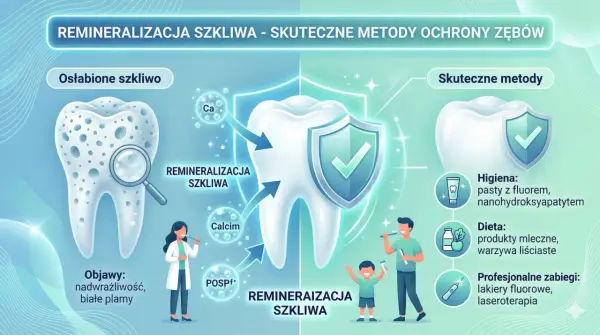Jak wzmocnić zęby? Grafika pokazuje remineralizację szkliwa przez wapń i fosforany, higienę (pasty z fluorem), dietę (nabiał, warzywa) i zabiegi (lakiery, laser).