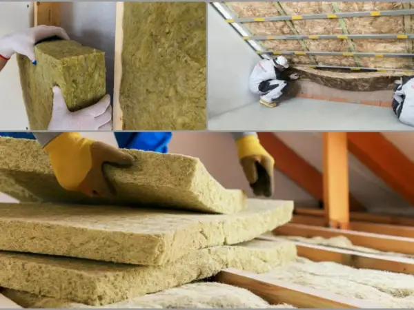 Pracownicy montują wełnę mineralną na poddaszu. Widać stosy płyt izolacyjnych i proces układania materiału.