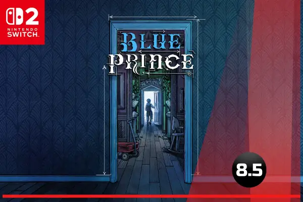 Okładka gry "Blue Prince" na Nintendo Switch. Wąski korytarz z drzwiami na końcu, przez które widać postać.