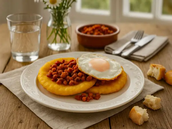 Dos tortos asturianos con chorizo y huevo frito, acompañados de pan y un vaso de agua.