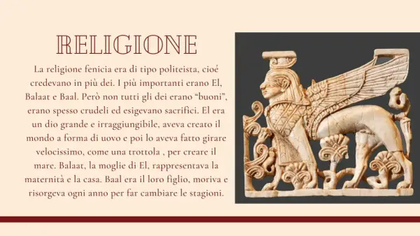 Antica scultura fenicia raffigurante una sfinge alata, simbolo della loro religione politeista. I Fenici credevano in molti dei, tra cui El, Balaat e Baal.