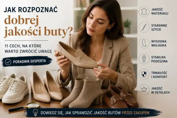 Ekspertka prezentuje beżową butę, obok niej różne rodzaje obuwia. Poradnik "Jak rozpoznać dobrej jakości buty?".