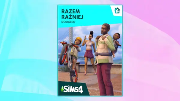 The Sims 4 Razem Raźniej: rodzina cieszy się wspólnym czasem na świeżym powietrzu, dziecko na rowerze, rodzice z maluchem w nosidle.