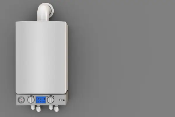 Nowoczesny piec gazowy z wyświetlaczem wskazującym temperaturę 49°C. Urządzenie pracuje w trybie eco, co sugeruje efektywne wykorzystanie energii i minimalizację kondensacji w piecu gazowym.