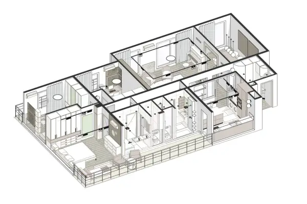 Plan architecte isométrique d'un appartement moderne avec chambre, salon, cuisine, salle de bain et bureau.