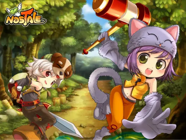 Dwoje uroczych bohaterów w stylu anime mmorpg, chłopiec z mieczem i dziewczynka z młotem, w lesie.