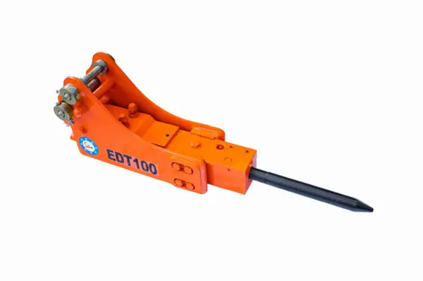 Pomarańczowy młot hydrauliczny do koparki, model EDT100, gotowy do kruszenia betonu i skał.