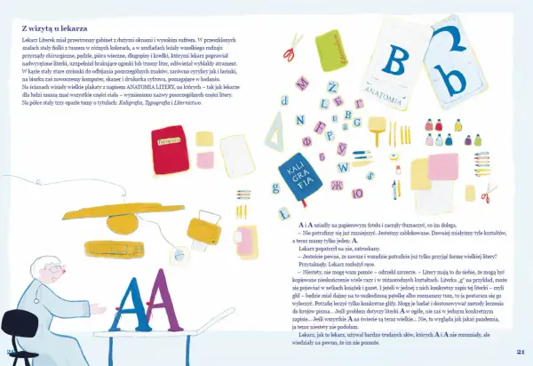 Litery A i A u lekarza. Wokół litery, przybory do pisania, książki o typografii i anatomii. Lekarz martwi się o literę A, środkową literę alfabetu.