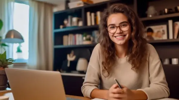 Lächelnde junge Frau mit Brille lernt am Laptop. Sie nutzt die Zeit für ein Bildungsurlaub Fernstudium, um sich weiterzubilden.