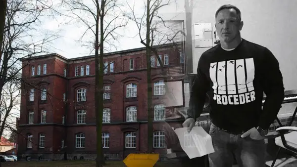 Mroczna historia o tym, jak zginął chada. Ceglany budynek i mężczyzna w bluzie z napisem "PROCEDER" budzą niepokój.