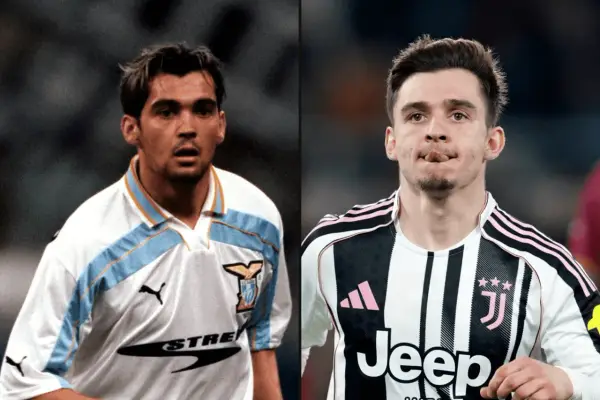 Dwóch piłkarzy: młody Sérgio Conceição w koszulce Lazio i Vlahović w stroju Juventusu.