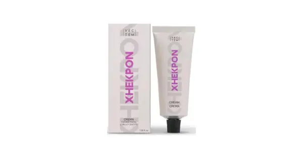 Crema Xhekpon, recomendada por dermatólogos. Caja y tubo de cuidado facial para cuello y escote.