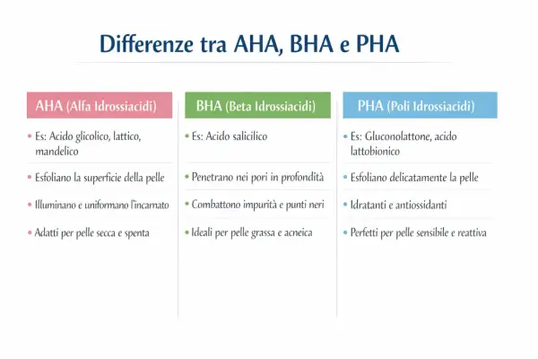 Confronto AHA, BHA e PHA: esfoliazione, purificazione e idratazione per ogni tipo di pelle. Aha bha, una guida per la tua skincare.