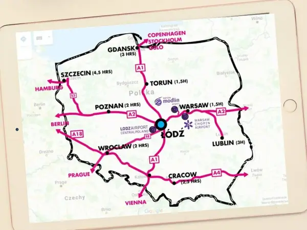 Mapa Polski z zaznaczonymi trasami i czasami dojazdu. Centralnym punktem jest Łódź, połączona z Warszawą, Poznaniem, Wrocławiem, Krakowem, Lublinem, Gdańskiem, Szczecinem, Berlinem, Hamburgiem, Pragą i Wiedniem.