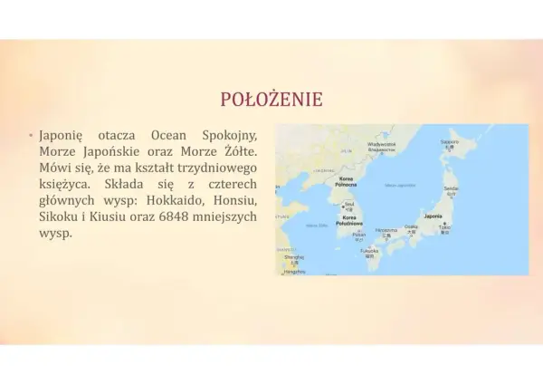 Mapa pokazuje położenie Japonii, otoczonej przez Morze Japońskie i Morze Żółte. Kraj ten, przypominający kształtem księżyc, składa się z wielu wysp.