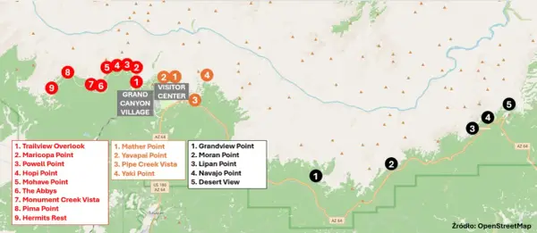 Mapa Wielkiego Kanionu z zaznaczonymi punktami widokowymi, w tym Grand Canyon Village i Visitor Center.