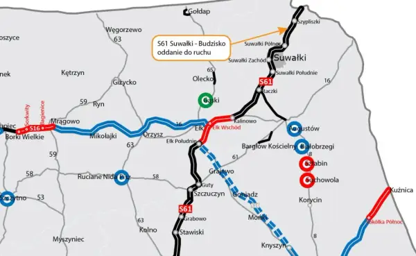 Mapa drogowa z zaznaczoną trasą S61 Suwałki - Budzisko, która jest oddana do ruchu. Widoczne są miasta takie jak Suwałki, Augustów, Ełk.