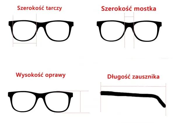 Schemat okularów z wymiarami: szerokość tarczy, mostka, wysokość oprawy i długość zausznika.