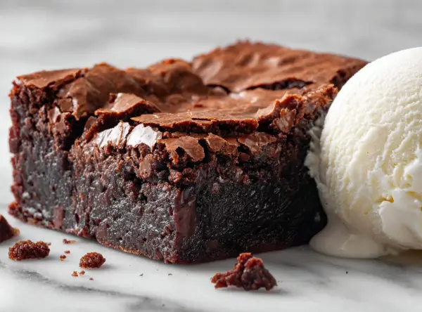 Un carré de tarte brownie, dense et chocolaté, avec une boule de glace à la vanille fondante. Un délice gourmand.