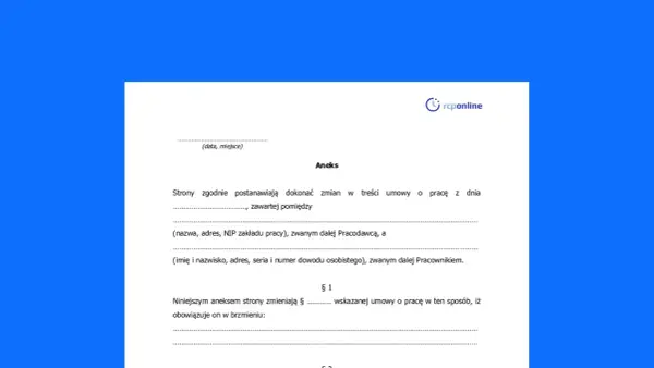 Aneks do umowy o pracę. Dokument zawiera dane pracodawcy i pracownika, a także postanowienia dotyczące zmian w umowie.