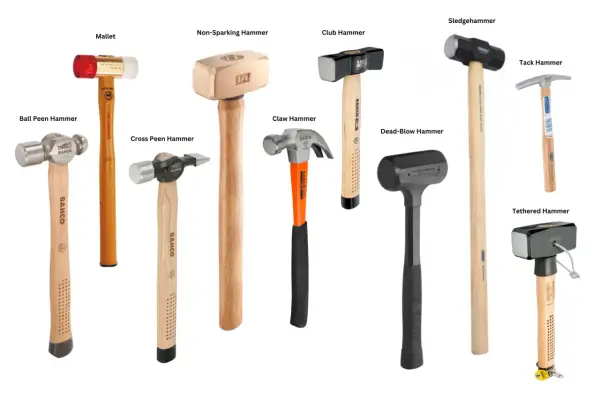Diversos tipos de martillo: mazo, bola, cruz, garra, sin chispa, club, dead-blow, sledgehammer, tack y tethered.