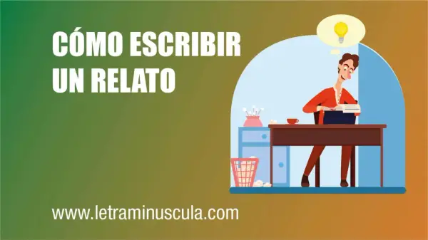 Hombre con idea de bombilla escribiendo en máquina de escribir, aprendiendo como escribir una historia.