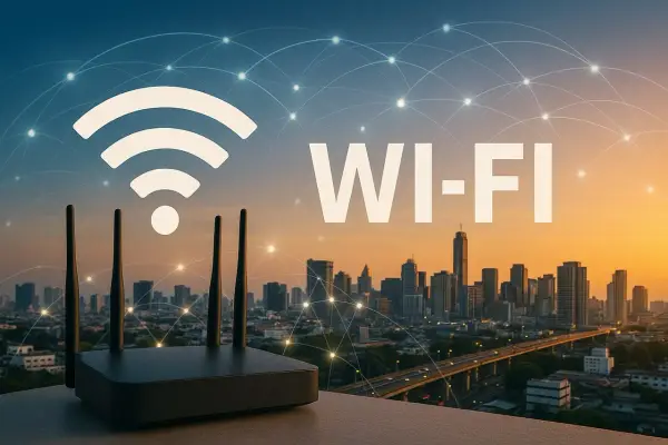 Router Wi-Fi na tle miasta o zachodzie słońca. Każdy abonent może cieszyć się szybkim połączeniem.