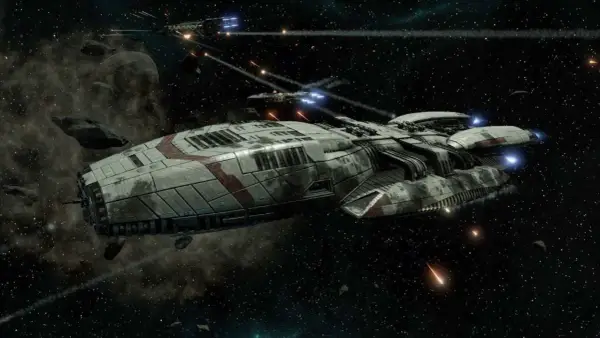 Bitwa kosmiczna w stylu Battlestar Galactica Deadlock. Statek zwiadowczy otoczony asteroidami, w tle widać inne jednostki i ślady walki.