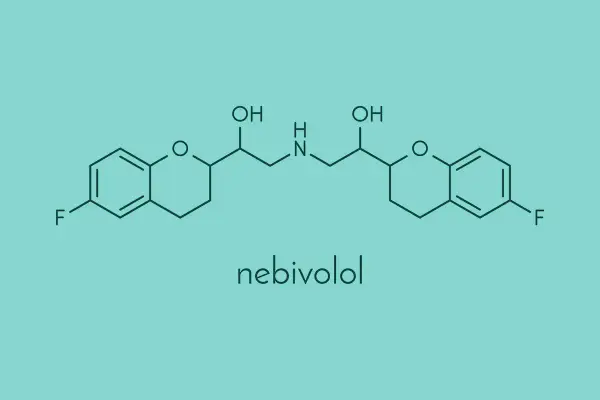 Struktura chemiczna nebiwololu, leku stosowanego w leczeniu nadciśnienia.