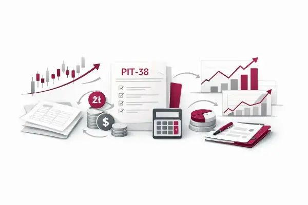 Dokument PIT-38, kalkulator, monety i wykresy wzrostu symbolizują analizę finansową i rozliczenia podatkowe.