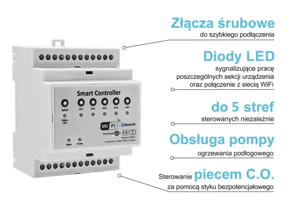 Inteligentny sterownik do ogrzewania podłogowego, obsługuje do 5 stref i piec C.O.