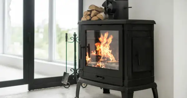 Poêle à bois crépitant, optimisant le pouvoir calorifique du pellet pour une chaleur réconfortante. Un ventilateur et du bois sont prêts à l'emploi.