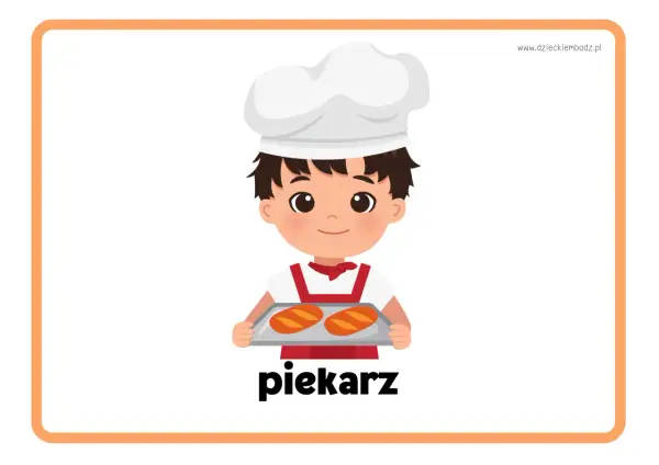 Chłopiec w czepku kucharskim trzyma tacę z dwoma bochenkami chleba. To karta pracy "Od ziarenka do bochenka", przedstawiająca piekarza.
