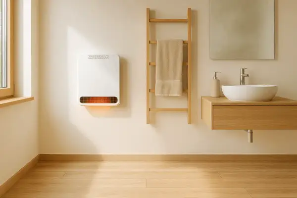 Chauffage salle de bain mural blanc diffusant une douce chaleur orangée. Un porte-serviettes en bois et un lavabo complètent l'ensemble.