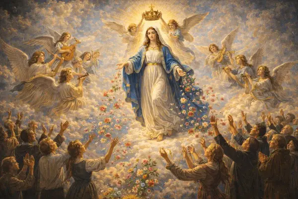 Wniebowzięcie Matki Bożej. Aniołowie grają, a lud wznosi ręce. Jak pieśń czarna madonna, tekst objawienia.