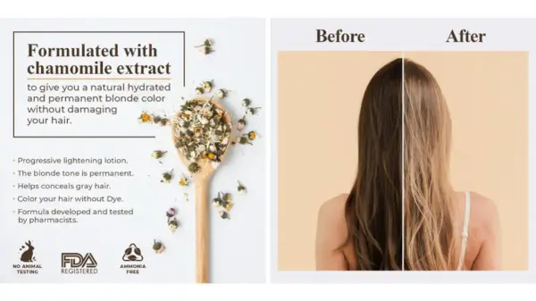Logra aclarar el pelo de forma natural con extracto de manzanilla. Antes y después de un cabello oscuro a rubio hidratado y permanente.