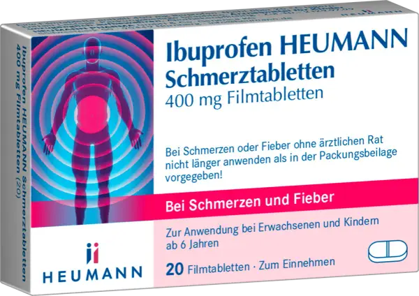 Ibuprofen HEUMANN Schmerztabletten 400 mg. Für Schmerzen und Fieber bei Erwachsenen und Kindern ab 6 Jahren. Stillzeit beachten.